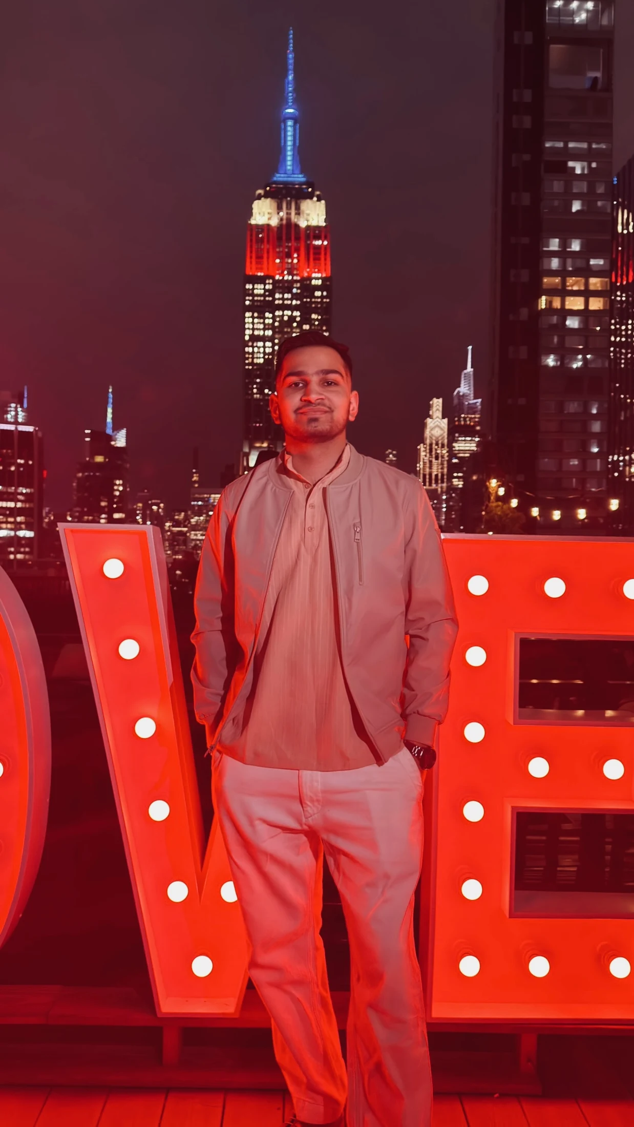 Dhyan with the Empire State Building in the evening